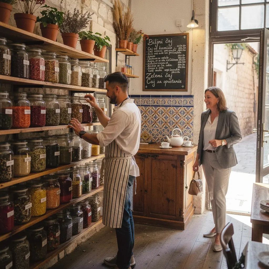 Zeleni čaj s cvjetovima hibiskusa i limunskom travom na drvenom stolu