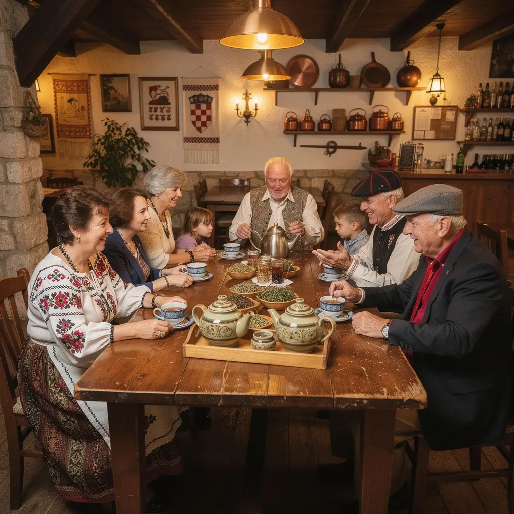 Prekrasno uređen stol s čajem, svijećama i tradicionalnim hrvatskim kolačima.