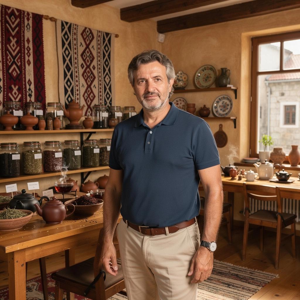 Tradicionalna priprema čaja u prirodnom okruženju, s planinama u pozadini.